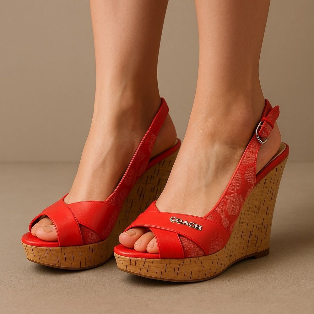 Coach Coral Orange Peep Toe Slingback Wedge Sandals 6.5 Cork Patent leather Logo